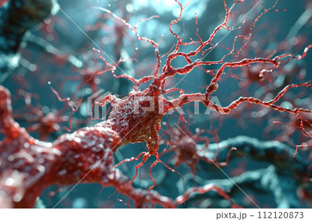 Neural networks weave through the brain, resembling a complex web of connections. The visual encapsulates the intricate dance of signals and processes within the neural landscape. 112120873