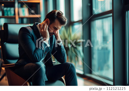 AI-generated content. Businessman seated in his chair and thinking. 112121225