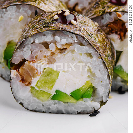 sushi maki with eel and avocado 112121526