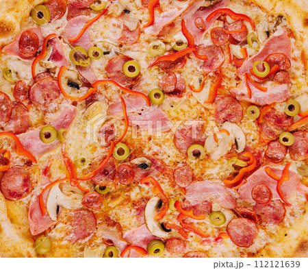 Pizza with Bavarian sausages, mushrooms close up Pizza with Bavarian sausages, mushrooms close up 112121639