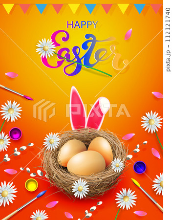 Orange composition with Easter eggs in a nest, bunny ears Orange composition with Easter eggs in a nest, bunny ears 112121740