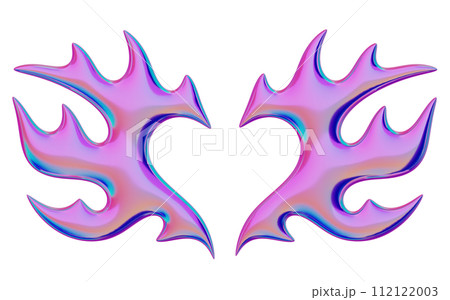 3D flame in the shape of wings and a heart. Trendy Y2K element. Iridescent colorful burning fire shape with glossy gradient effect. 3D render. Isolated illustration 112122003