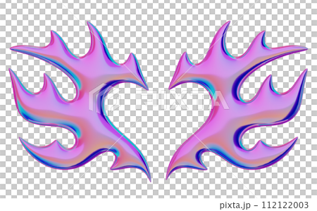 3D flame in the shape of wings and a heart. Trendy Y2K element. Iridescent colorful burning fire shape with glossy gradient effect. 3D render. Isolated illustration 112122003