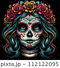 Illustration of Beautiful Painted Woman with Flowers on Dia de los Muertos 112122095