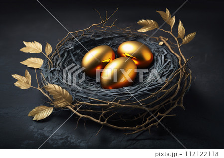 Three Golden Eggs in a dark nest. Generative Ai. 112122118