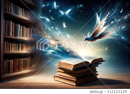 abstract magical world of library with books. 112122129