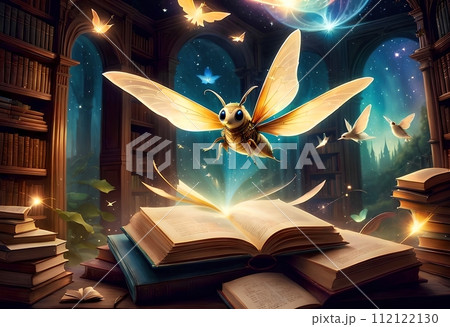 abstract magical world of library with books. 112122130