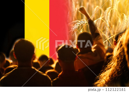 Farmers protest in Belgium. Flag, wheat and people background 112122181