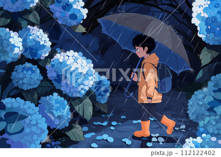 傘をさす男の子と紫陽花 112122402