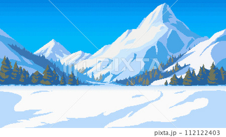 Winter pixel art, mountain landscape in 8-bit retro video game style. Vector seamless background. 112122403