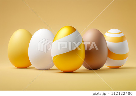 Painted decorated Easter Eggs in white and yellow. Generative Ai. 112122480