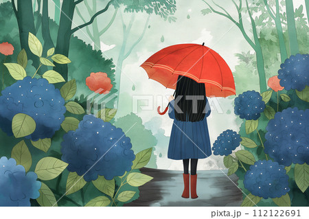 紫陽花と雨の中傘をさして歩く女の子の後ろ姿 112122691