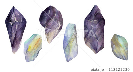 Hand drawn watercolor illustration precious semiprecious jewel gem crystal chakra birth stone. Amethyst moonstone opal. Set of objects isolated white background. Design print, shop, jewelry, fashion 112123230