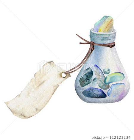 Hand drawn watercolor sea witch altar objects. Glass vial jar blank tag, filled with precious stones. Composition isolated on white background. Design for print, shop, medicine, chemistry, alchemy Hand drawn watercolor sea witch altar objects. Glass vial jar blank tag, filled with precious stones. Composition isolated on white background. Design for print, shop, medicine, chemistry, alchemy 112123234