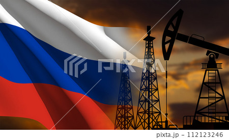 The Russian flag waving, with the silhouettes of oil and gas drilling rigs on the right The Russian flag waving, with the silhouettes of oil and gas drilling rigs on the right 112123246