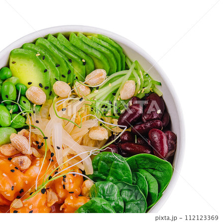 Hawaiian Poke Bowl with Salmon isolated on white Hawaiian Poke Bowl with Salmon isolated on white 112123369