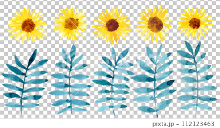set with watercolor abstract flowers and leaves. yellow sunflower flowers 112123463