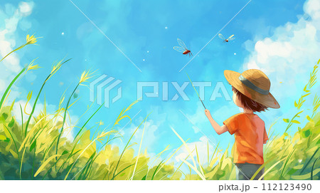 虫を探しに来た麦わら帽子を被った男の子 112123490