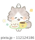 ケーキセットを持ったふんわりかわいい長毛猫とシマエナガ 112124186