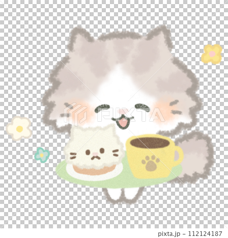 蓬鬆可愛的長毛貓拿著蛋糕套裝 112124187