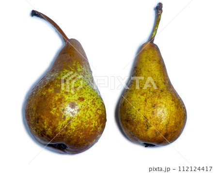 Two pears on a white background. Southern fruit. Plantation harvest. From the garden. Yellow pear isolate 112124417