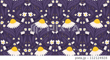 Continuous design featuring a daisy motif in midnight purple hue. Repeated surface pattern of chamomile on a backdrop of lavender. Continuous design featuring a daisy motif in midnight purple hue. Repeated surface pattern of chamomile on a backdrop of lavender. 112124928