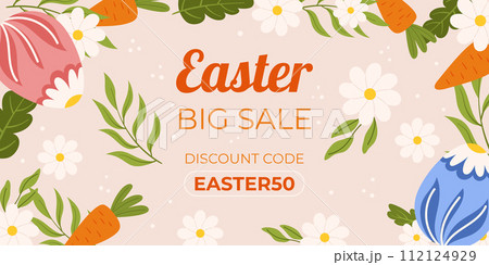 Easter sale horizontal background template for promotion. Design with blue and pink painted eggs, flowers and leaves, carrot Easter sale horizontal background template for promotion. Design with blue and pink painted eggs, flowers and leaves, carrot 112124929