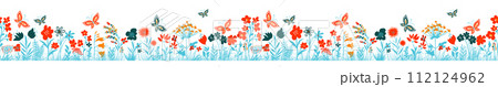 Horizontal grass headers seamless pattern. Cute simple flowers and butterflies in the grass. hand drawing. Not AI, Vector illustration. Horizontal grass headers seamless pattern. Cute simple flowers and butterflies in the grass. hand drawing. Not AI, Vector illustration. 112124962