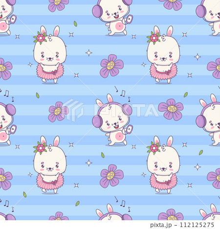 Seamless pattern with bunny girl ballerina and happy rabbit in headphones on striped blue background with flowers. Cute kawaii animal character. Vector illustration. Kids collection 112125275