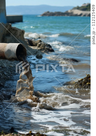 Contaminated water flowing from a rusty pipeline into a natural water body, causing environmental pollution 112125409