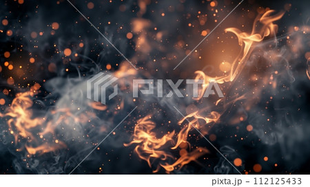 Smoke fumes and fire particles with sparks on a dark background, featuring copy space. 112125433