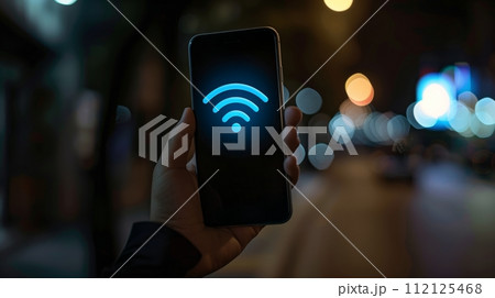 Wi-Fi signal icon on a phone screen held by a hand against a dark background. Wi-Fi signal icon on a phone screen held by a hand against a dark background. 112125468