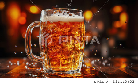 Beer in a beer mug, refreshing drink with white foam and beer splashes Beer in a beer mug, refreshing drink with white foam and beer splashes 112125552
