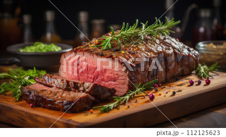 Juicy portions of grilled sirloin steak with tomatoes and roasted vegetables on an old wooden board 112125623