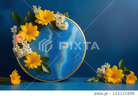 Empty round blue podium. Fresh yellow, orange color flowers around. Abstract geometrical form. Cylinder marble sphere, shadow. Blue golden background. Trendy showcase, display case. Place for showing 112125896