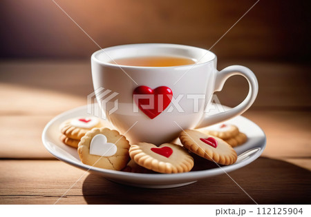 Tea set with tasty homemade heart shaped cookies from shortbread dough. White cup, sweet desserts on white wooden table. Valentine's Day festive mood. Valentines day concept. Pastry shop. Love card. 112125904