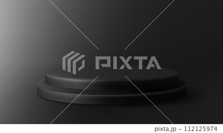 Realistic black studio, dark round podium. 112125974