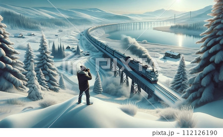 AI-generated content. One Railfan or Train Buff Taking Photos of a Train in Winter Landscape 112126190