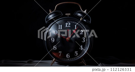 AI-generated content. Black round old alarm clock on black background  112126331