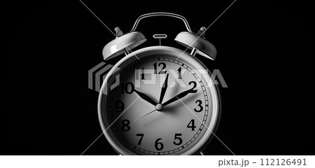 AI-generated content. Black round old alarm clock on black background AI-generated content. Black round old alarm clock on black background 112126491