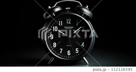 AI-generated content. Black round old alarm clock on black background  112126595