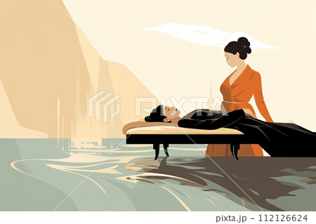 AI-generated content. Comfortable bed with massage, surrounded by art, plants, and wood in a bedroom. 112126624
