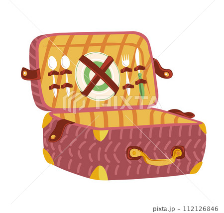 Picnic hamper or basket with plates and flatware 112126846