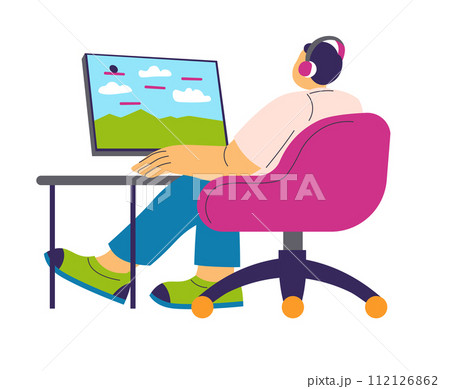 Gamer, guy playing games in headphones at computer 112126862