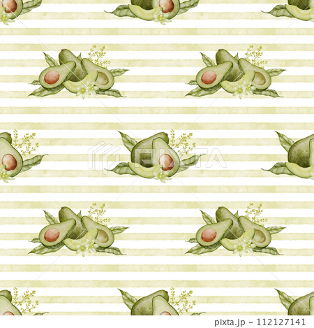 Avocado seamless Pattern. Watercolor striped background with green food. Hand drawn isolated illustration. Painting of Fruit or Vegetable. Drawing of template for wrapping paper and fabric prints. 112127141