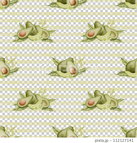 Avocado seamless Pattern. Watercolor striped background with green food. Hand drawn isolated illustration. Painting of Fruit or Vegetable. Drawing of template for wrapping paper and fabric prints. 112127141