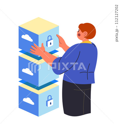 Woman holding database storage boxes, data safety 112127202