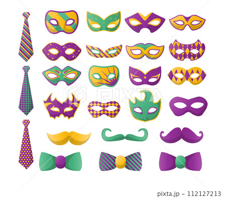 Set of carnival masks and ties, mustaches and bows 112127213