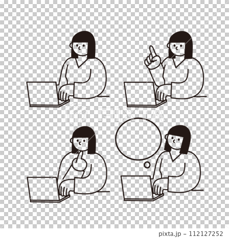 筆記本電腦和女人線描矢量圖 112127252