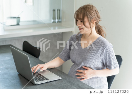 自宅でノートパソコンを使い妊娠記録・妊娠日記家計簿・をつける若いアジア人妊婦（ライター・ブロガー） 112127326